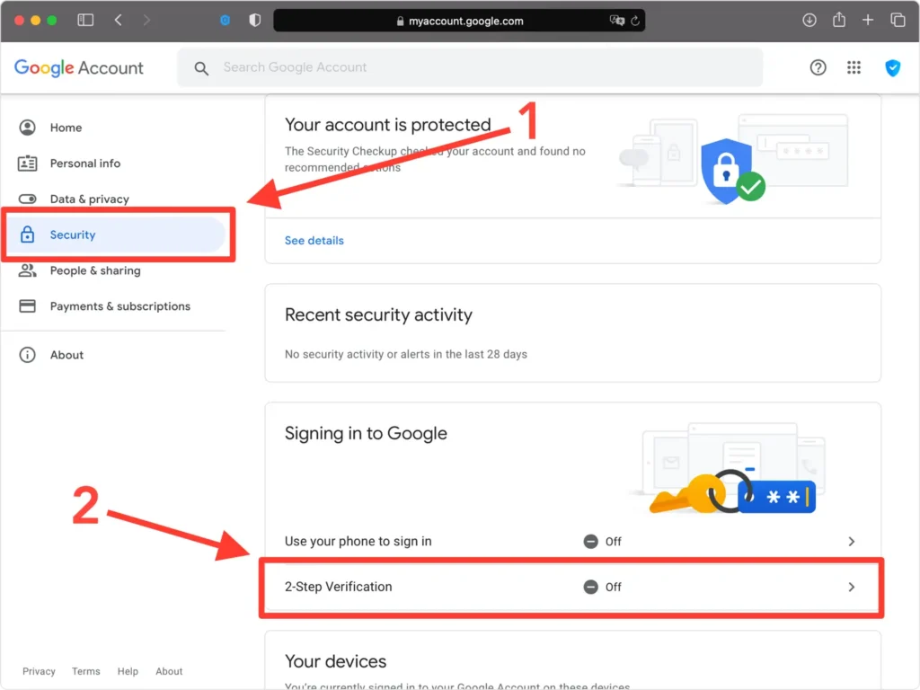 gmail account security settings page